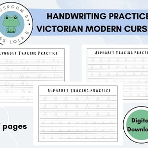 Peut inclure: Un ensemble de 27 feuilles de travail d'écriture imprimables pour la pratique du tracé de l'alphabet. Les feuilles de travail présentent une police cursive moderne victorienne. Les feuilles de travail sont conçues pour les enfants qui apprennent à écrire en cursive.