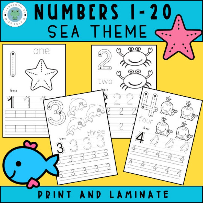 Number Tracing 120 Worksheet, Sea Creature Theme, Number Writing
