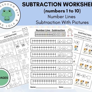 Subtraction Worksheets, Number Line, Simple Subtraction With Pictures, Kindergarten, Prep, Grade 1, Printable, 12 pages
