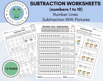 Subtraction Worksheets, Number Line, Simple Subtraction With Pictures, Kindergarten, Prep, Grade 1, Printable, 12 pages