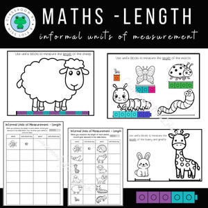 Könnte beinhalten: Eine Sammlung von Arbeitsblättern mit dem Titel MATHS-LENGTH informal units of measurement. Die Seiten enthalten schwarz-weiße Strichzeichnungen von Tieren wie einem Schaf, Schmetterling, Marienkäfer, einer Raupe, einem Wurm, Hasen und einer Giraffe.