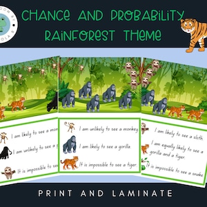 Può includere: Materiali didattici a tema foresta pluviale per l'insegnamento della probabilità. Il design presenta illustrazioni di scimmie, gorilla, tigri e bradipi in un ambiente della giungla. Il testo include frasi come "È probabile che veda" e "È impossibile vedere."