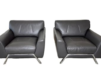 Set of (2) Roche Bobois Arm chairs in Dark Gray Leather
