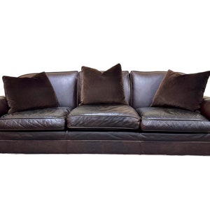 Ralph Lauren Chocolate Leather Sofa With Brown Velvet Pillows