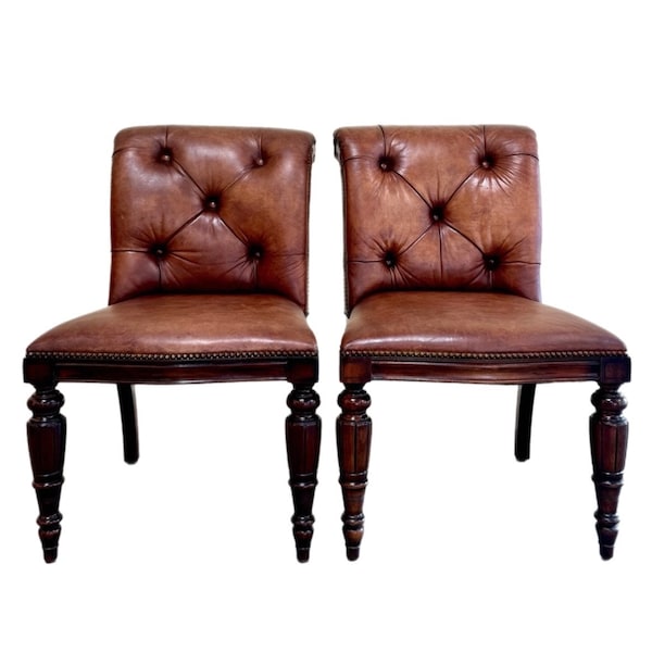 Pair of two (2) Ralph Lauren Grand mahogany Leather Tufted Chairs