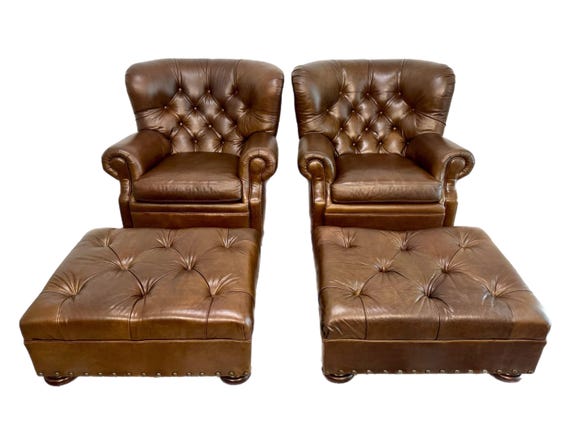 Pair of (2) Ralph Lauren Writer’s Chairs with (2) Ottomans In Estate Leather Chocolate