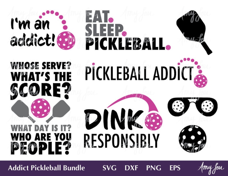 May include: A set of 10 black and pink digital cut files for crafting and design. The files include pickleball paddle silhouettes, pickleball designs, and text phrases like "I'm an addict!" and "Pickleball Addict".