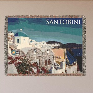 Santorini Greece Fira Oia Blue Dome Church Caldera Ocean Travel Woven Blanket, Travel Memories, Travel souvenir gift, Wall Hanging