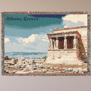 Athens Temple of Athena Woven Blanket, Cozy Throw featuring Greece, Home Decor, Travel Gift, Historical Art Blanket, Travel Gift