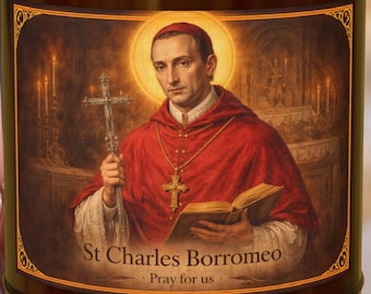 Sankt Karl Borromeo katolskt andaktsljus för bön | Bärnstensfärgad burk med svart lock 115 g 275 g I Saints & Lights-kollektionen