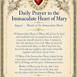 May include: A rectangular prayer card featuring the text Daily Prayer to the Immaculate Heart of Mary. At the top, a red heart pierced by a sword is surrounded by white lilies. The border is ornate with blue and gold scrollwork on a cream background.
