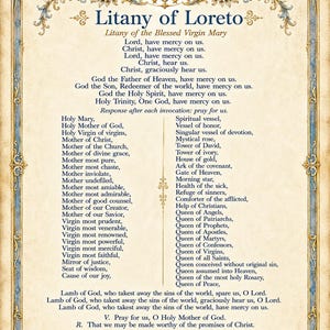 May include: A decorative print featuring the Litany of Loreto text in black font on a parchment-style background. The border is ornate with blue and gold scrollwork, pink roses, and white lilies. A gold crown sits above a blue monogram at the top.