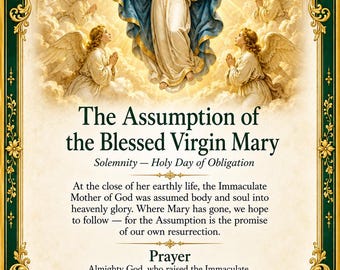 Tarjeta de oración imprimible de la Asunción de María / 15 de agosto, día santo de precepto / Descarga digital católica / PDF de 5x7 pulgadas / Devoción mariana