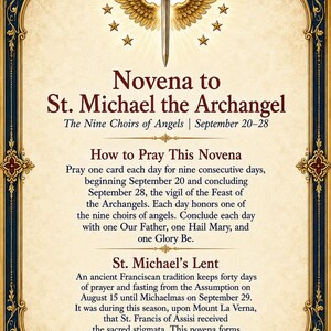 Könnte beinhalten: Eine rechteckige Gebetskarte mit einem verzierten gold-blauen Rand. Oben ist ein geflügeltes Schwert von neun Sternen umgeben. Der Text lautet: Novena to St. Michael the Archangel, The Nine Choirs of Angels, How to Pray This Novena und St. Michael's Lent.