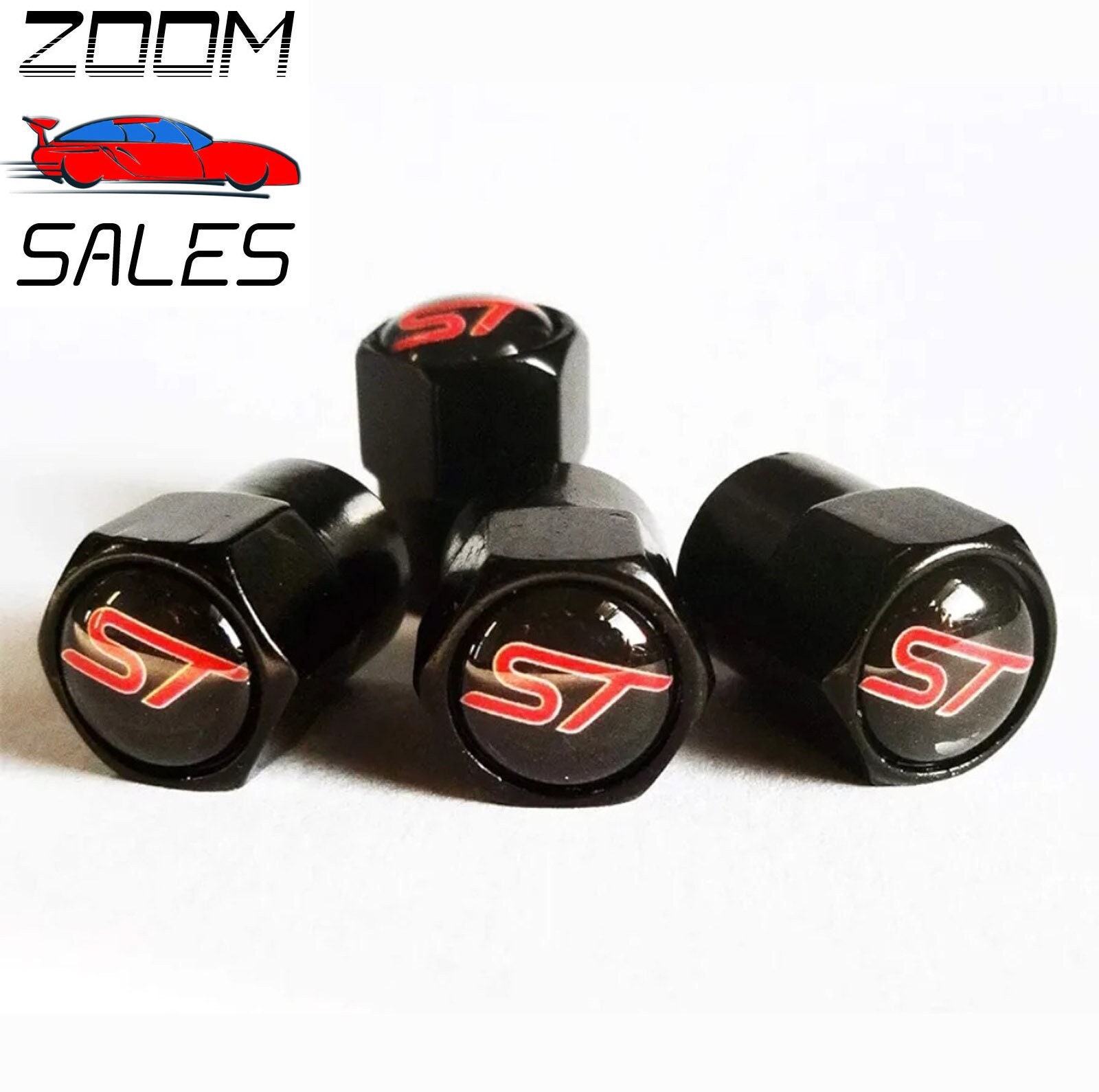 4x ST BLACK Dust Caps Tyre Wheel valve caps Fits most Cars Bikes Focus Fiesta Mondeo Puma Kuga