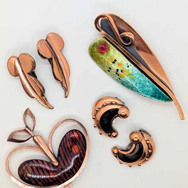 Vintage MATISSE RENOIR jewelry LOT 4 Pieces Apple, Earrings, Brooches enamel