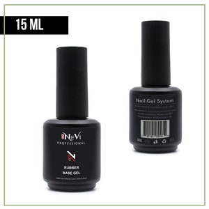 May include: A black bottle of rubber base gel for nails. The bottle is labeled "Nevi Professional" and "Rubber Base Gel". The bottle is 15 ml and is for professional use only.