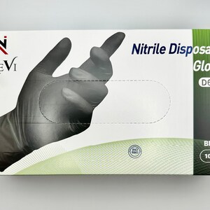 May include: A box of black nitrile disposable gloves with the brand name "NeVi" and the product code "D6000". The box contains 100 gloves.