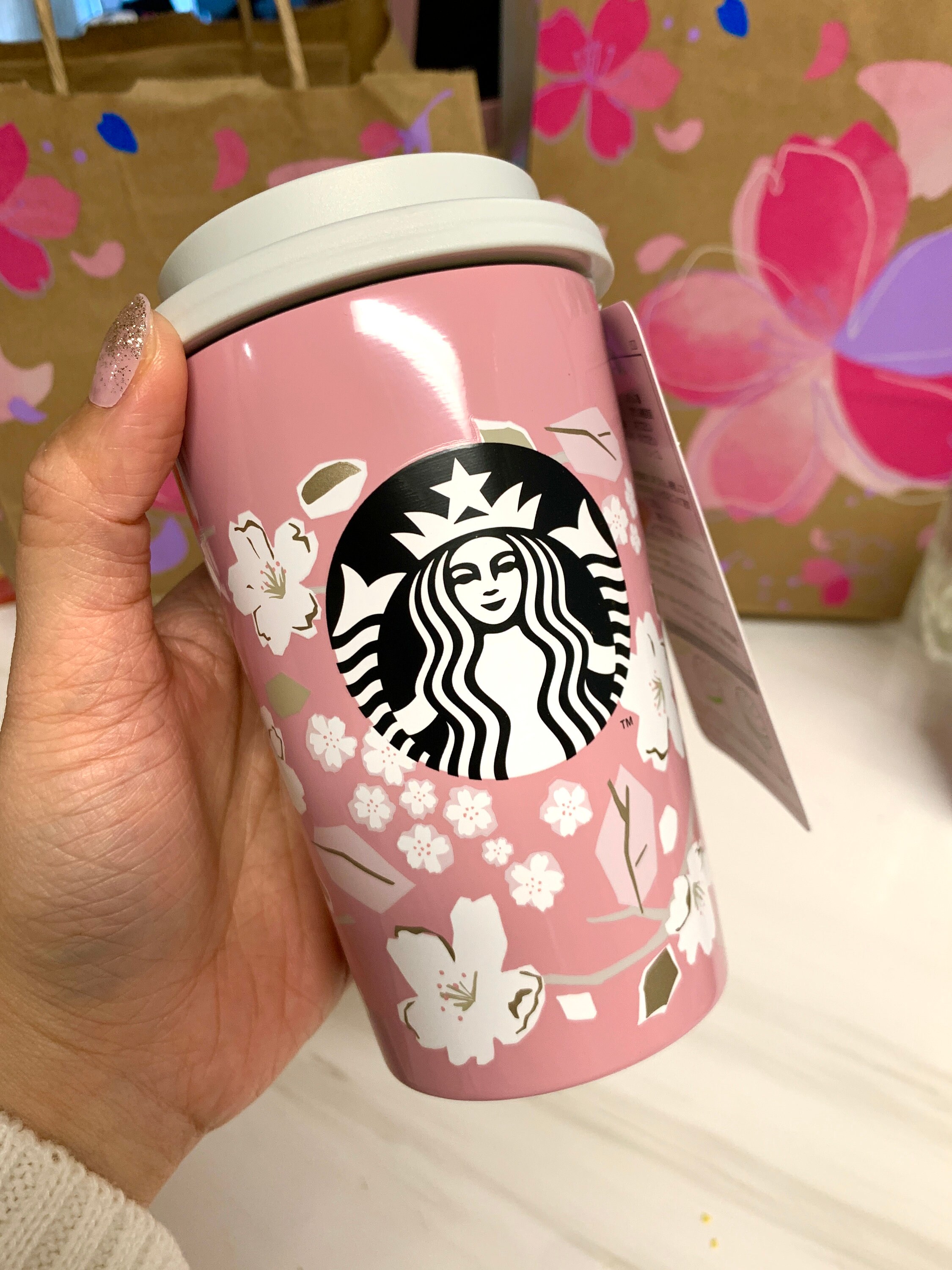 Starbucks 2022 China White Sakura 14oz Stainless Steel Cup with