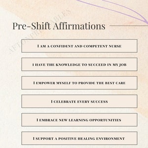 May include: A printable worksheet with a list of affirmations for nurses. The affirmations are: "I am a confident and competent nurse", "I have the knowledge to succeed in my job", "I empower myself to provide the best care", "I celebrate every success", "I embrace new learning opportunities", "I support a positive healing environment", "I keep my patients safe by asking for help", and "I trust my clinical judgment".