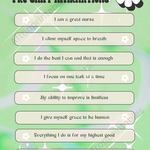 May include: A green background with a white daisy with a smiley face.  The text "PRE-SHIFT AFFIRMATIONS" is at the top of the image.  There are eight affirmations listed in white text on a light beige background.