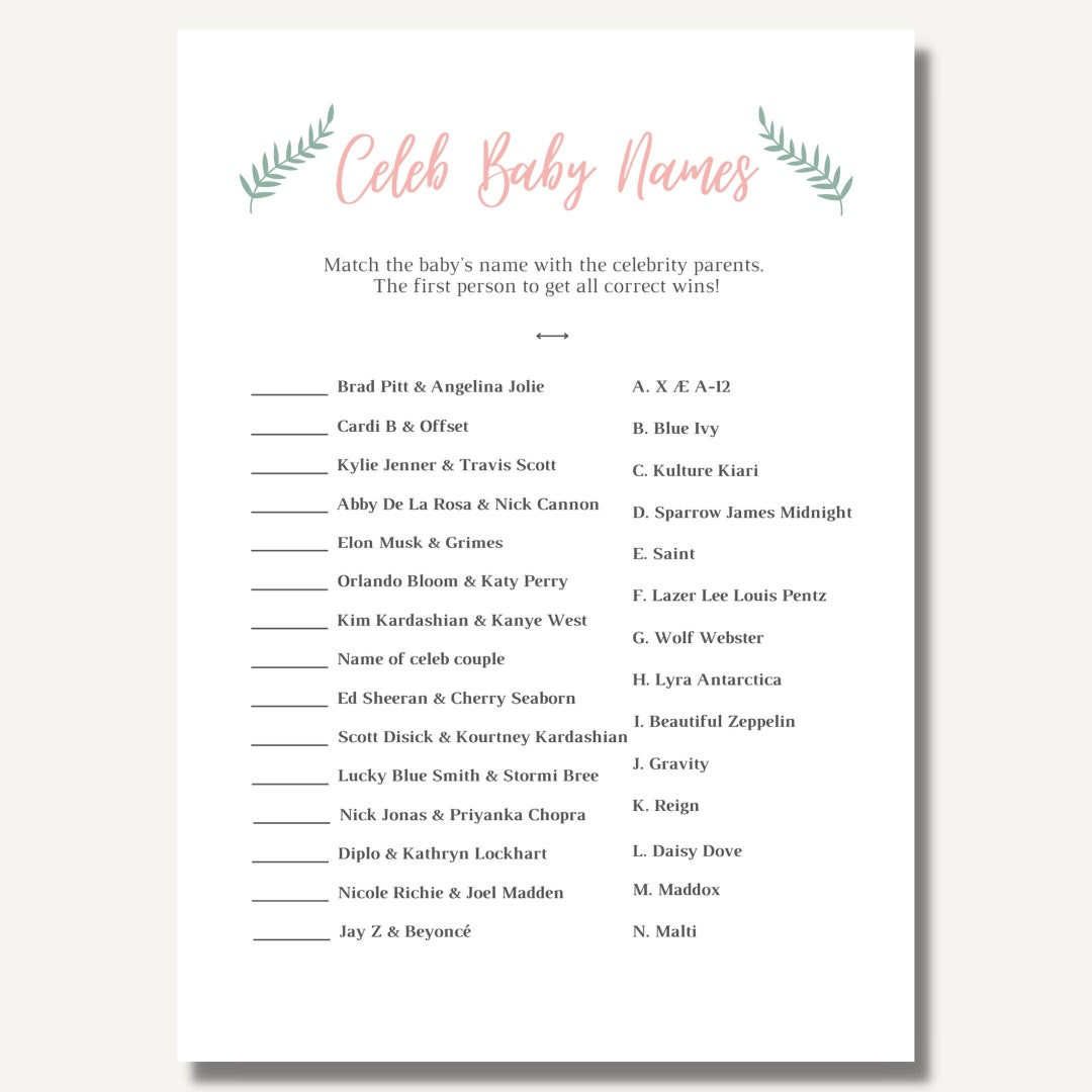 Baby Shower Game, Celebrity Baby Name, Eucalyptus, Printable Games