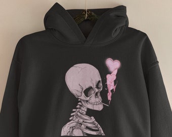 Y2K Bone Loose Hoodie, Skeleton Grunge Streetwear Pullover, Skeleton Print Hoodie, Festival Hoodie, Grunge Skeleton Sweatshirt, Heart Hoodie