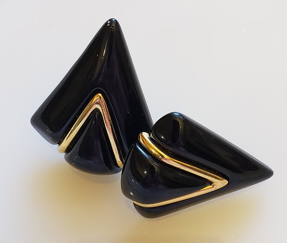 Napier Black Lucite and Gold Tone Triangler Earri… - image 1