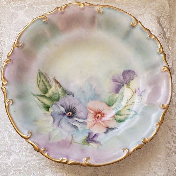 Vintage Signed Hand Painted Ceramic Pink Purple Floral Pansies Candy Dish