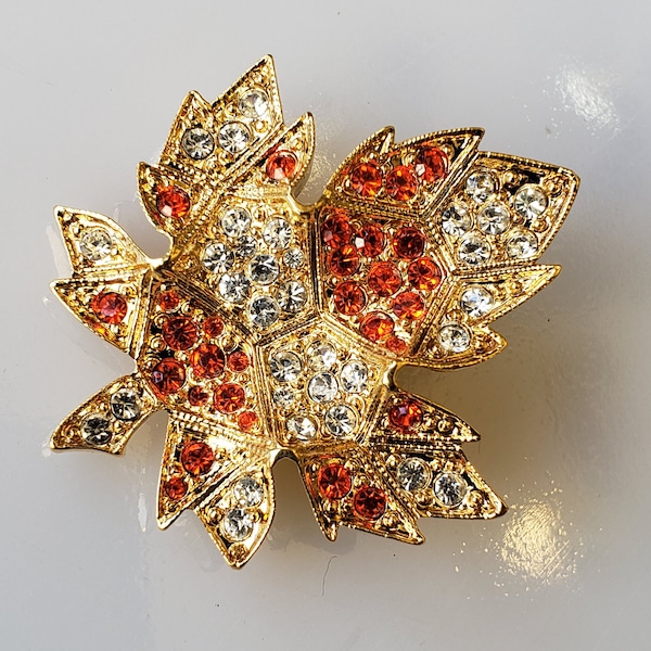 D'orlan signed 22K Gold Plated Red and Clear Swarvoski Crystal Canadian Fall Leaf Brooch