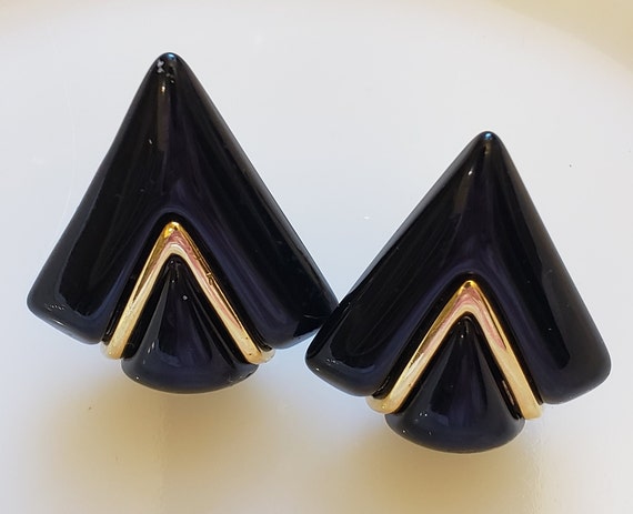 Napier Black Lucite and Gold Tone Triangler Earri… - image 2
