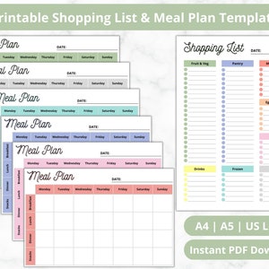 Printable Meal Plan Templates, Printable Shopping List, Groceries Planner, Food Shopping List, Instant PDF Download, A4, A5, US Letter