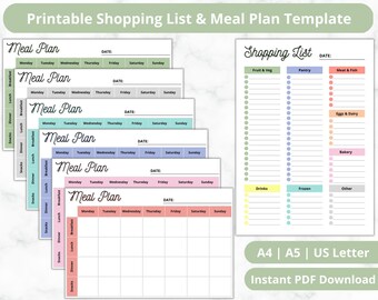 Printable Meal Plan Templates, Printable Shopping List, Groceries Planner, Food Shopping List, Instant PDF Download, A4, A5, US Letter