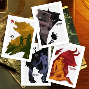 May include: A collection of stylized art prints featuring characters and symbols. The prints showcase a variety of colors, including green, yellow, red, and blue. The prints are arranged on a wooden surface with a dollar bill and a pen.