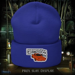 May include: A royal blue beanie with an embroidered patch that reads "SWEETBIRD 69" with an orange car graphic. The text "PREY. SLAY. DISPLAY." is at the bottom of the image.