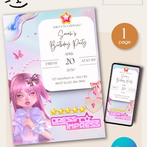 ROBLOX DRESS to IMPRESS Girls Birthday Invitation template, Roblox Invite, Kids Roblox Game Party, Card, Editable Template, Canva