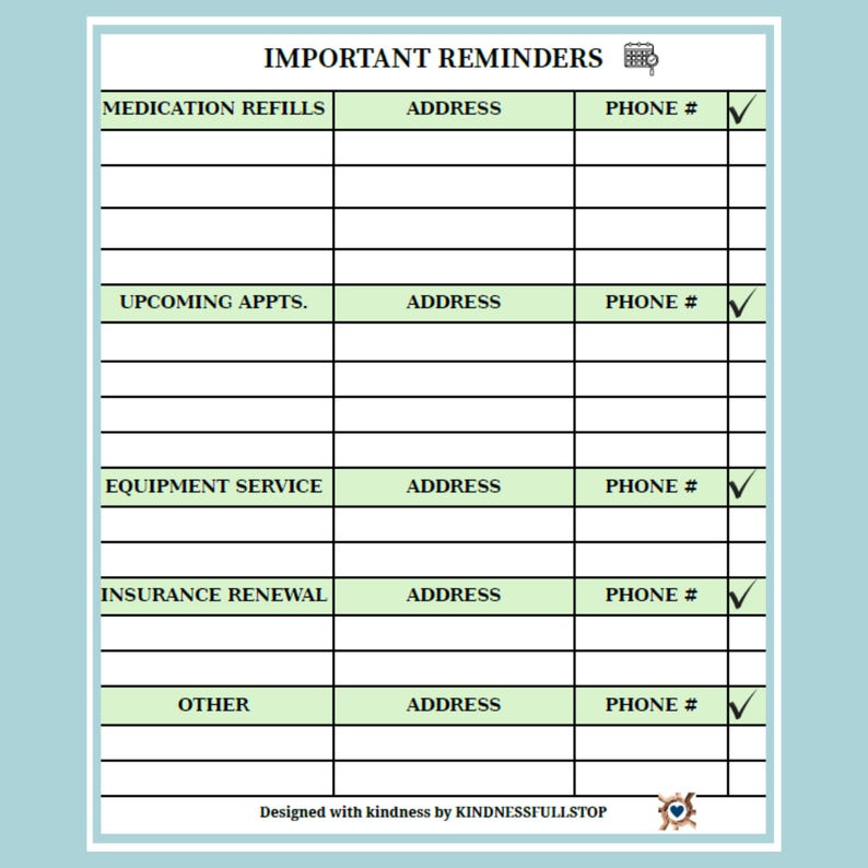 Check Numbers Reminder Important Reminders Printable | Caregiver Reminder Sheet | Daily Tasks ...