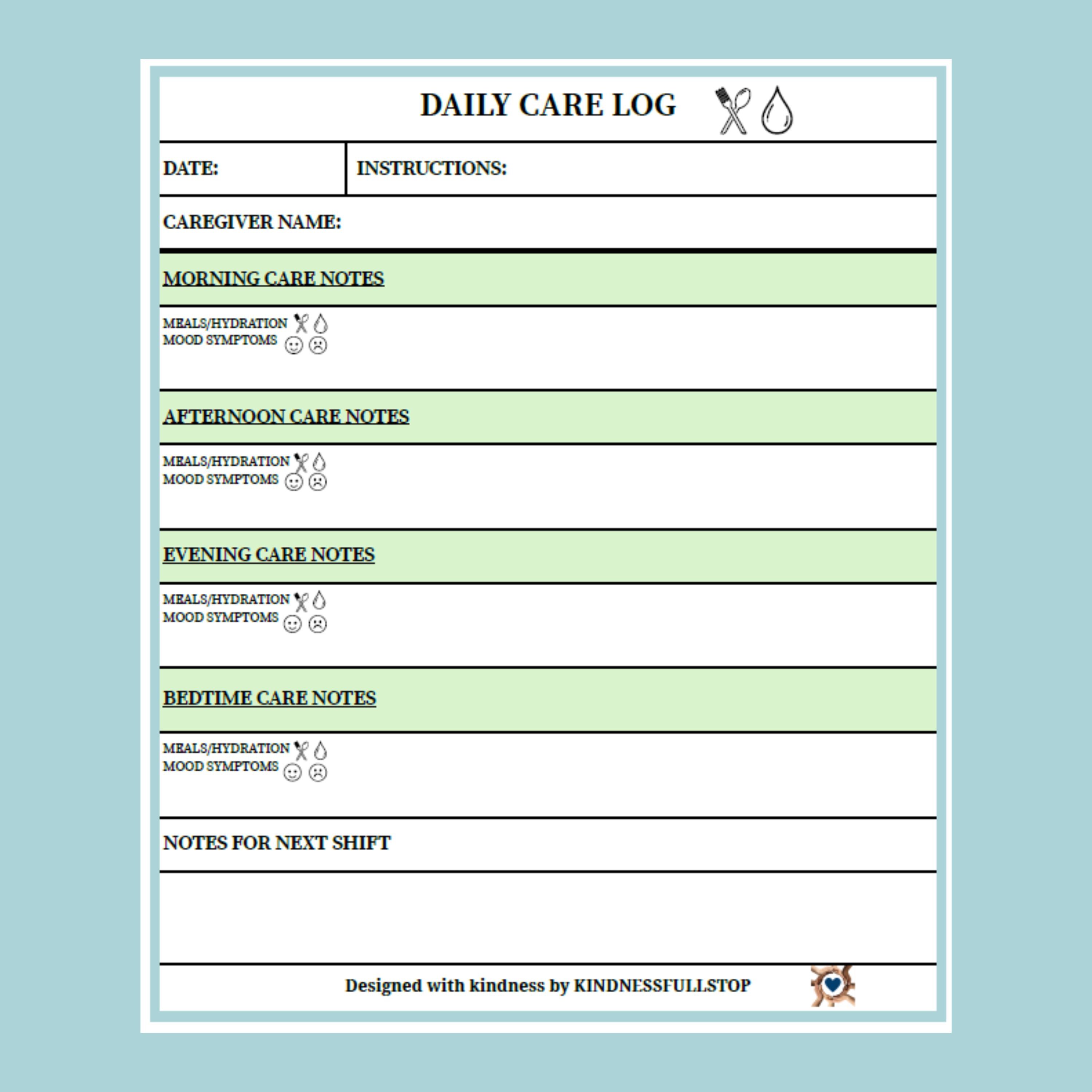 Daily Care Log Printable | Caregiver Tracker, Medication, Meals, Mood ...