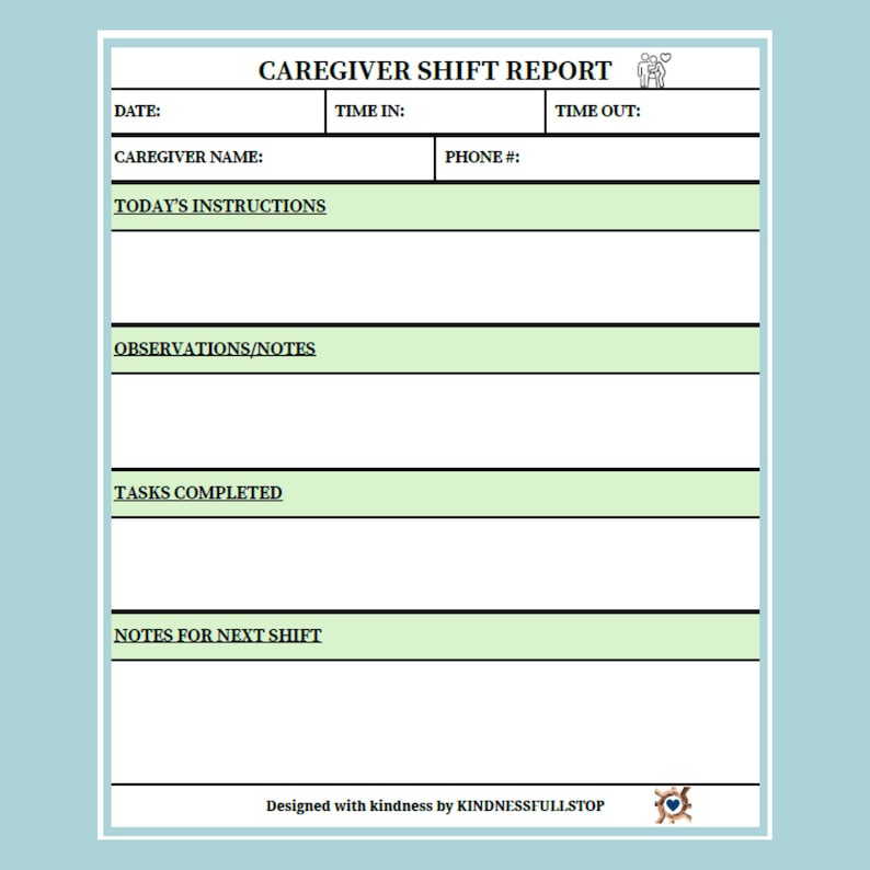 Caregiver Shift Report Printable | Daily Care Notes & Communication Log ...