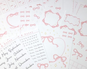 Cute Coquette Bows Planner Journal Sticker Sheets Set Bundle (16 pgs)