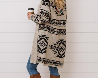 Taupe Multi Color Knit Aztec Tribal Native Western Boho Open Cardigan Sweater Fall Winter Boho Bohemian Casual Women's