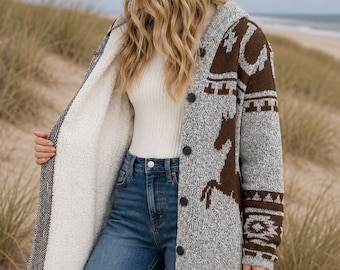 Gray Western Horse Knit Boho Bohemian Knit Button Up Sherpa Lined Hooded Cardigan w/ Pockets Long Sleeve Open Sweater Women's Fall Winter