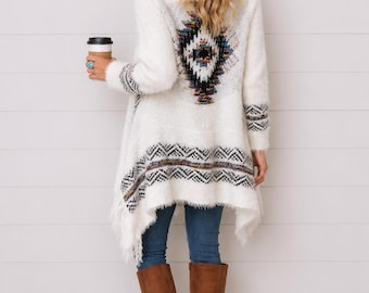 White Fuzzy Eyelash Fringe Rainbow South West Western Boho Bohemian Aztec Pattern Open Knit Cardigan Sweater Casual Women's Fall Winter