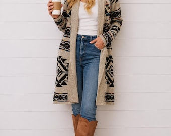 Taupe Multi Color Knit Aztec Tribal Native Western Boho Open Cardigan Sweater Fall Winter Boho Bohemian Casual Women's