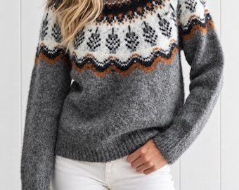 Charcoal Fair Isle Jacquard Fuzzy Long Sleeve Pullover Sweater