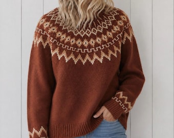 Chocolate Brown Fair Isle Knit Long Sleeve Raglan Sweater