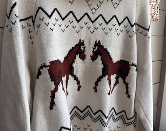 Cream Horse Knit Cardigan Sweater Shawl Collar Relaxed Fit Western Misses Fall Winter
