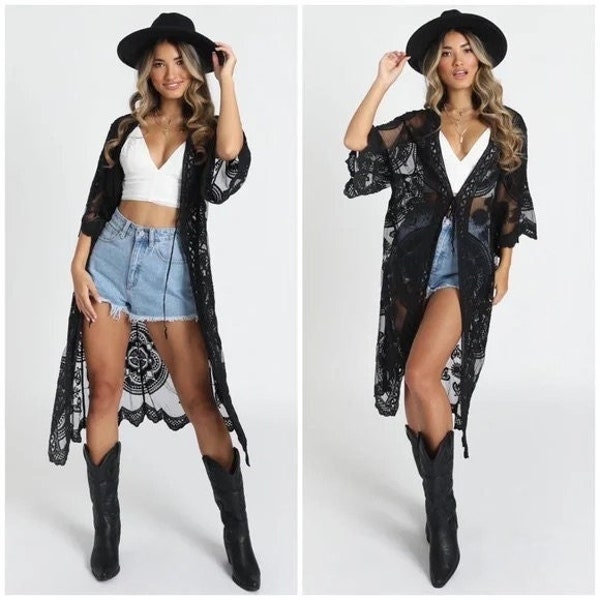 Black Scalloped Sheer Mesh Lace Maxi Duster Boho Kimono Coverup Wrap Women's