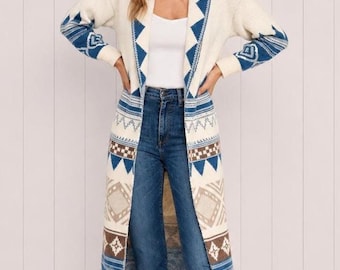 Blue & Cream Aztec South Western Geometric Boho Bohemian Knit Duster Cardigan Long Sleeve Open Sweater Women's Fall Winter