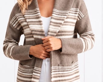 Mocha Beige Striped Wide Collar Long Length Open Front Cardigan w/ Pockets